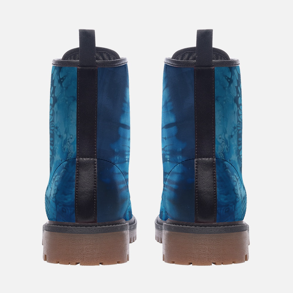 Vampire Art Tie-Dye Hippie Boho Festival Vegan Leather Unisex Combat Boots - Ocean Blue - US sizes