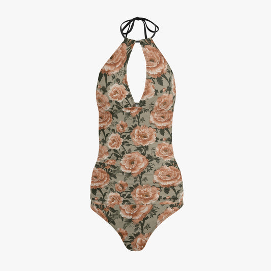 Vampire Art Retro Halter Two-Piece Tankini Swimsuit - Grunge Roses in Olive and Coral