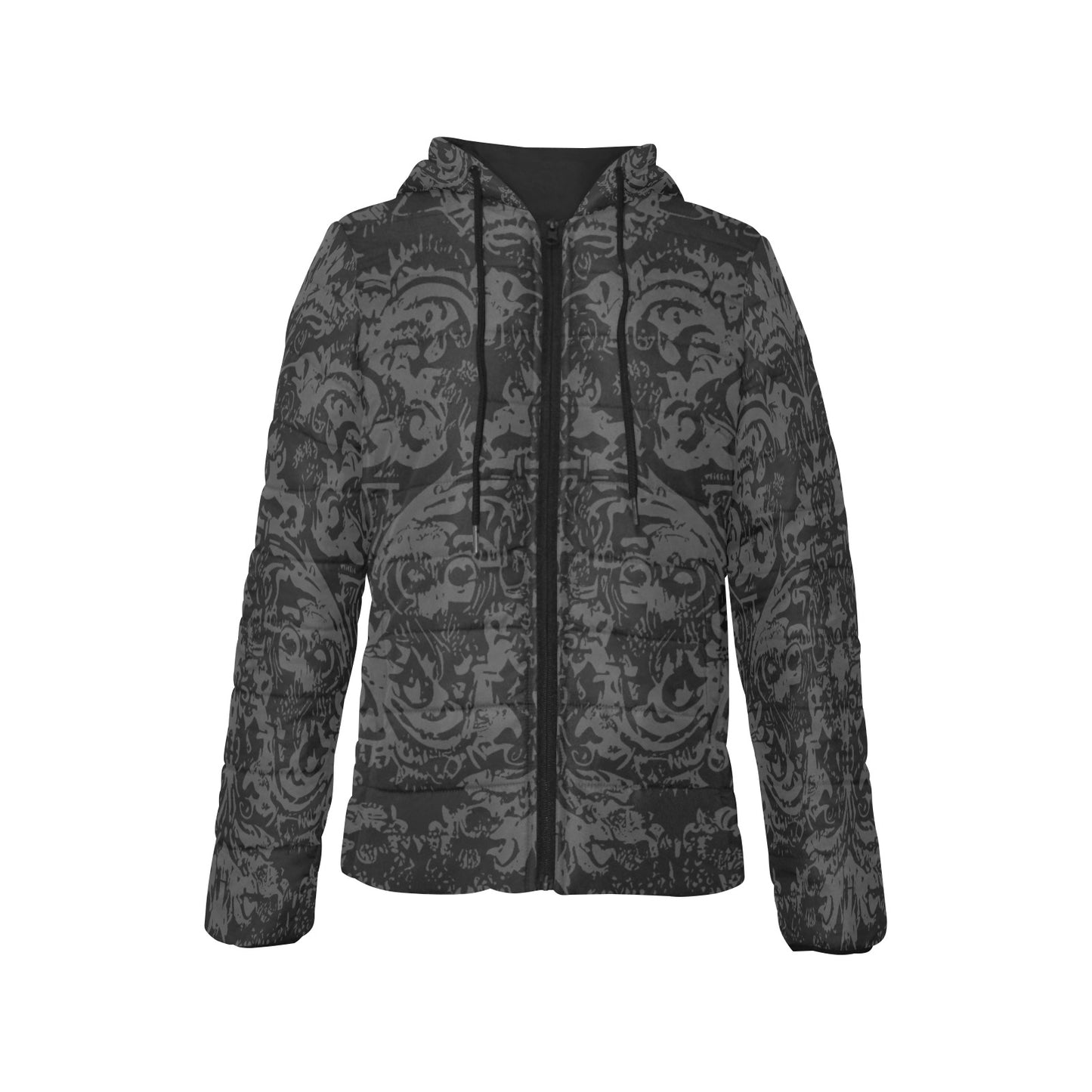 Vampire Art Urban Gothic Women's Padded Hooded Jacket - Black Grunge Damask