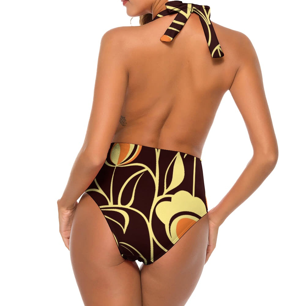 Vampire Art Retro Ladies Halter One Piece Swimsuit - Sixties Brown and Orange