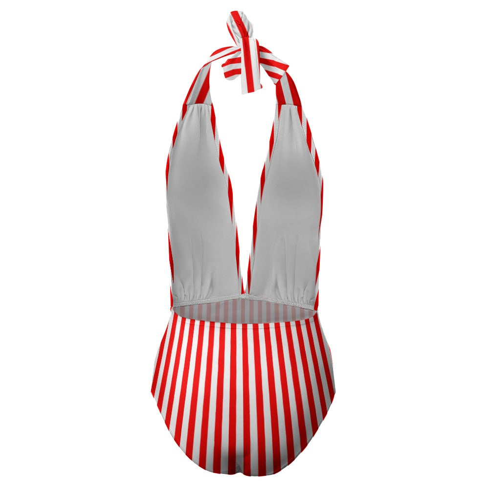 Vampire Art Retro Ladies Halter One Piece Swimsuit - Red and White Vertical Stripes