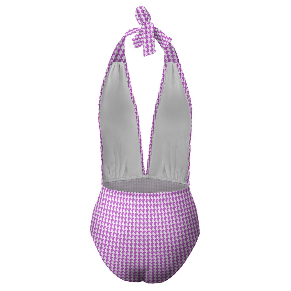 Vampire Art Retro Ladies Halter One Piece Swimsuit - Lilac Houndstooth