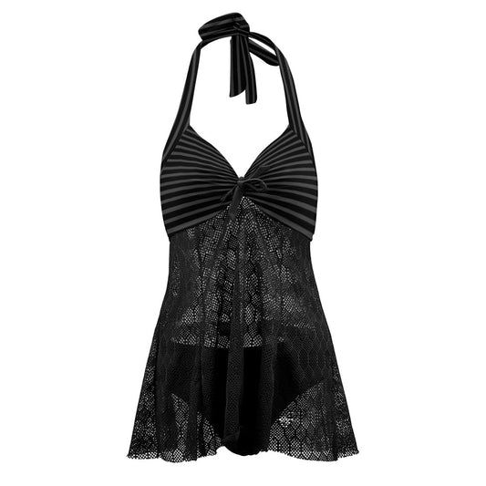 Vampire Art Goth Halter Two Piece Mesh Tankini Swimsuit - Charcoal and Black Stripes
