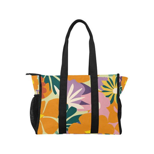 Vampire Art Retro Large Multi-pocket Beach Bag - Bold Sixties Florals in Vintage Orange