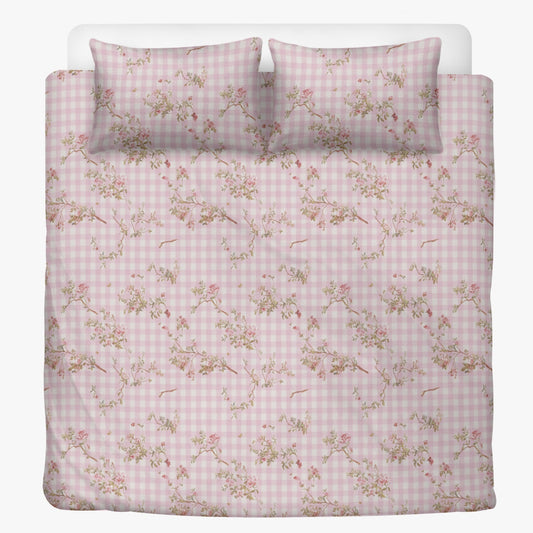 Vampire Art 3-Piece Retro Polyester Bedding Set - Pink Chequered with Flowers