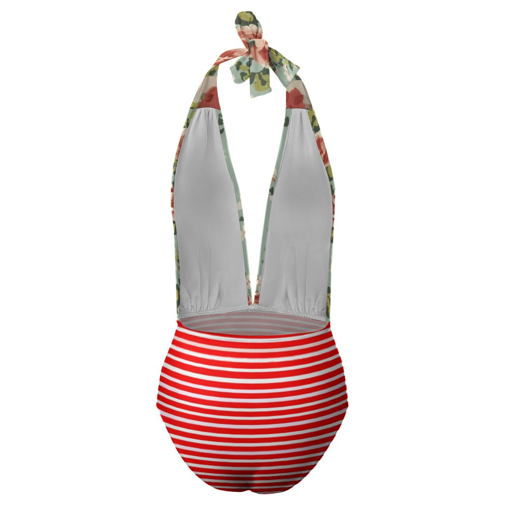 Vampire Art Retro Ladies Halter One Piece Swimsuit - Red Breton Stripes and Roses