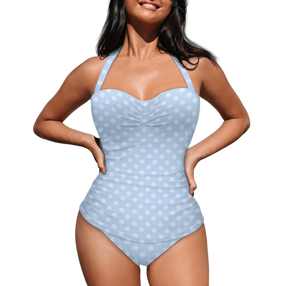 Vampire Art Vintage Chic Halter Neck One-Piece Swimsuit - Baby Blue Polka Dot