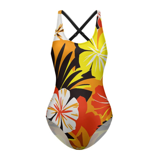 Vampire Art Retro Criss Cross One-Piece Sporty Swimsuit - Bold Sixties Florals in Yellow and Red