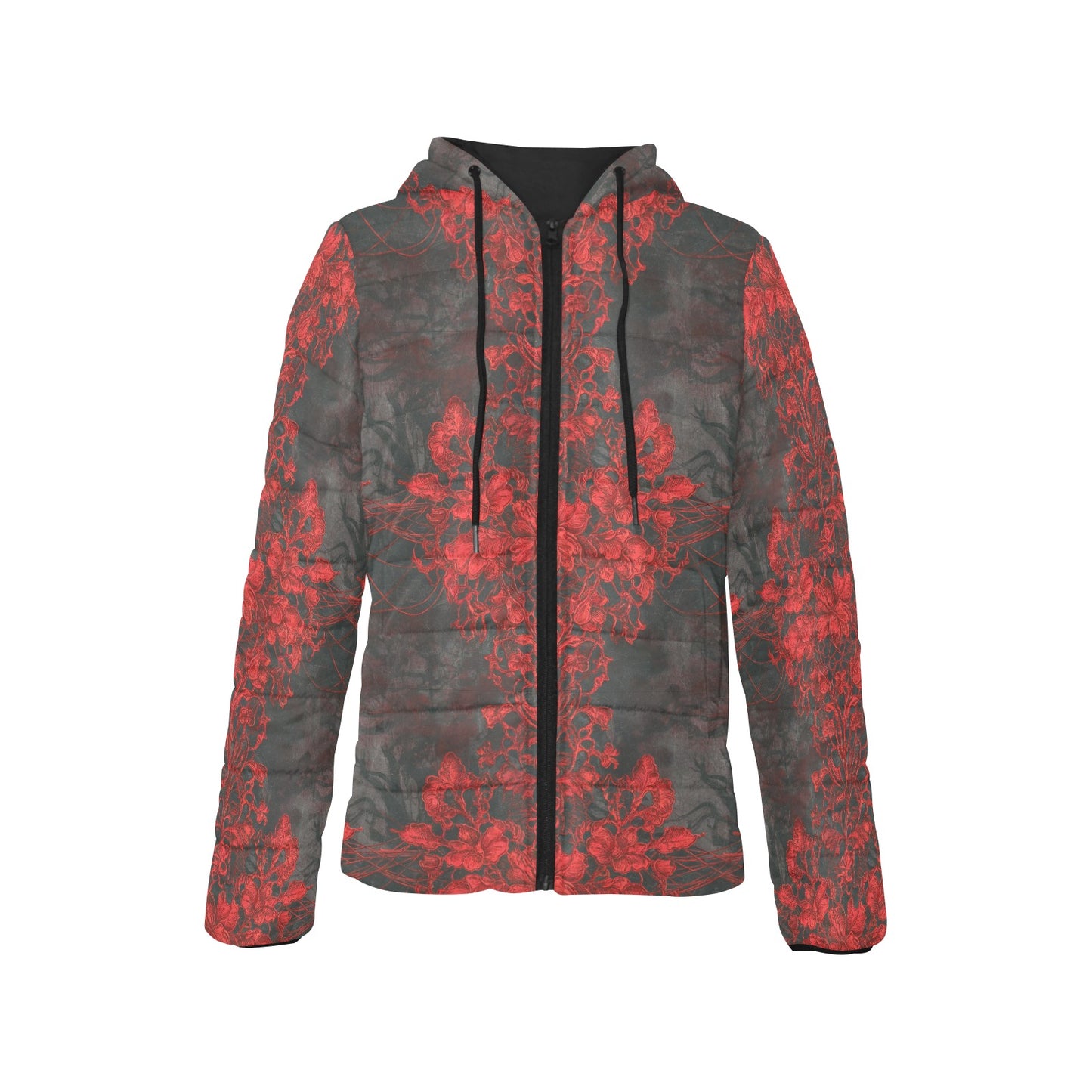 Vampire Art Urban Gothic Women's Padded Hooded Jacket - Grunge Charcoal and Red Lace