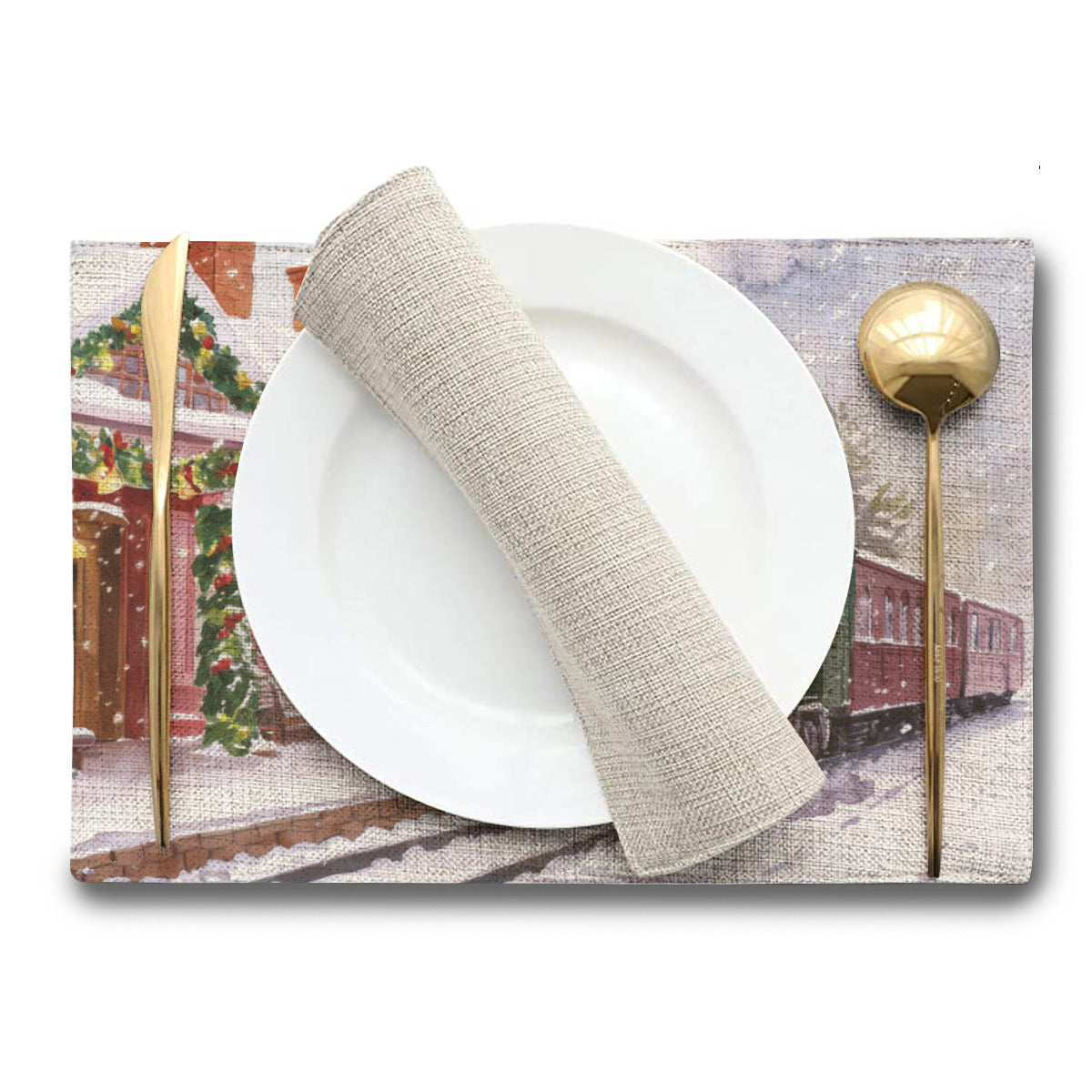 Vampire Art Retro Christmas Linen Placemat Mid Century 60s Vintage Traditional Eco-FriendlyTable Mat - Steam Train and Station