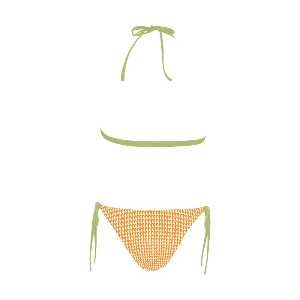 Vampire Art Retro Glam Two-Tone Buckle Halter Bikini Swim Set - Orange Houndstooth