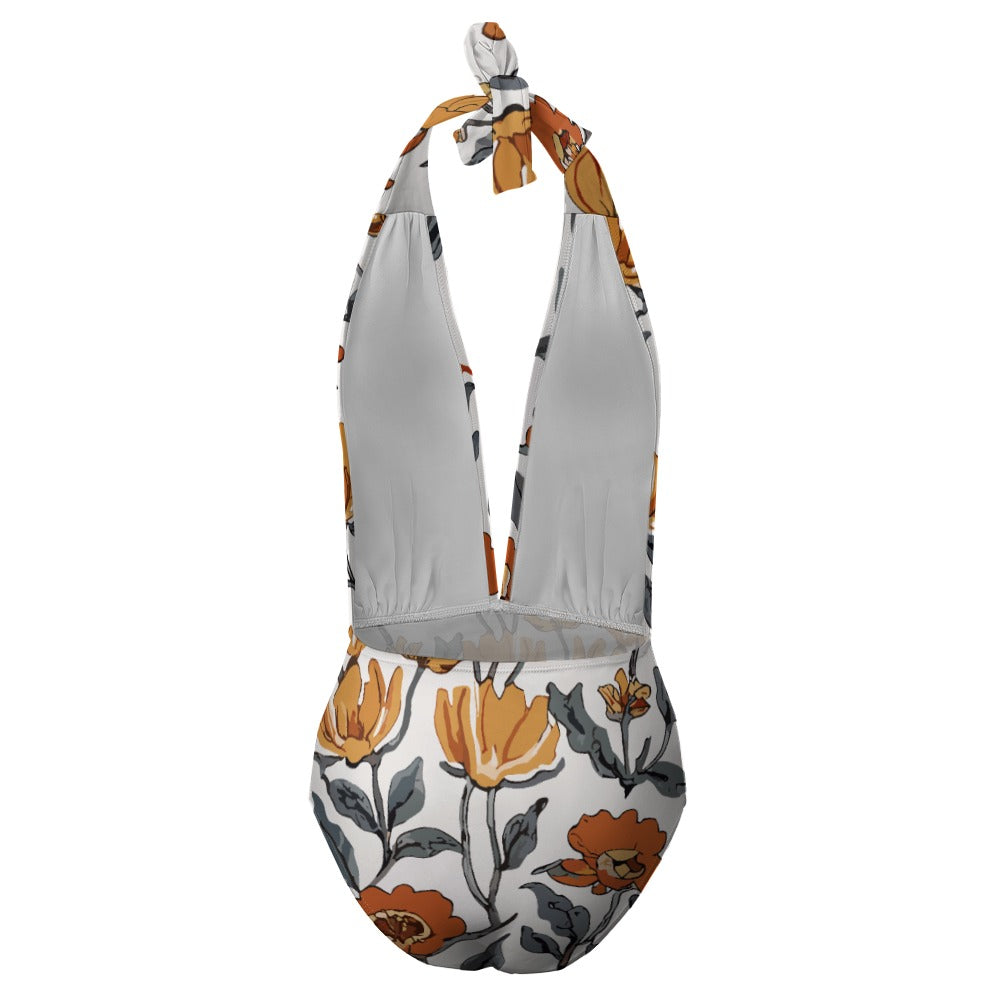 Vampire Art Retro Chic Floral Ladies Halter One Piece Swimsuit - Art Nouveau White and Orange