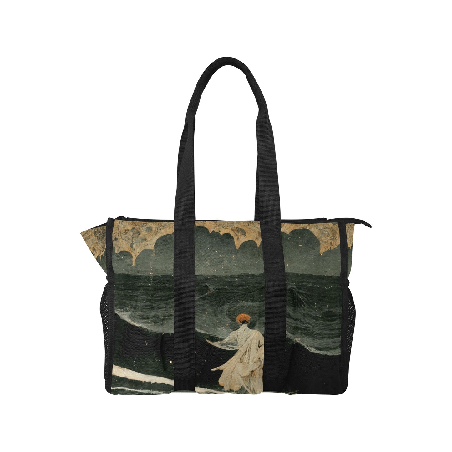 Vampire Art Retro Large Multi-pocket Beach Bag - Night-time Surfing Vampire