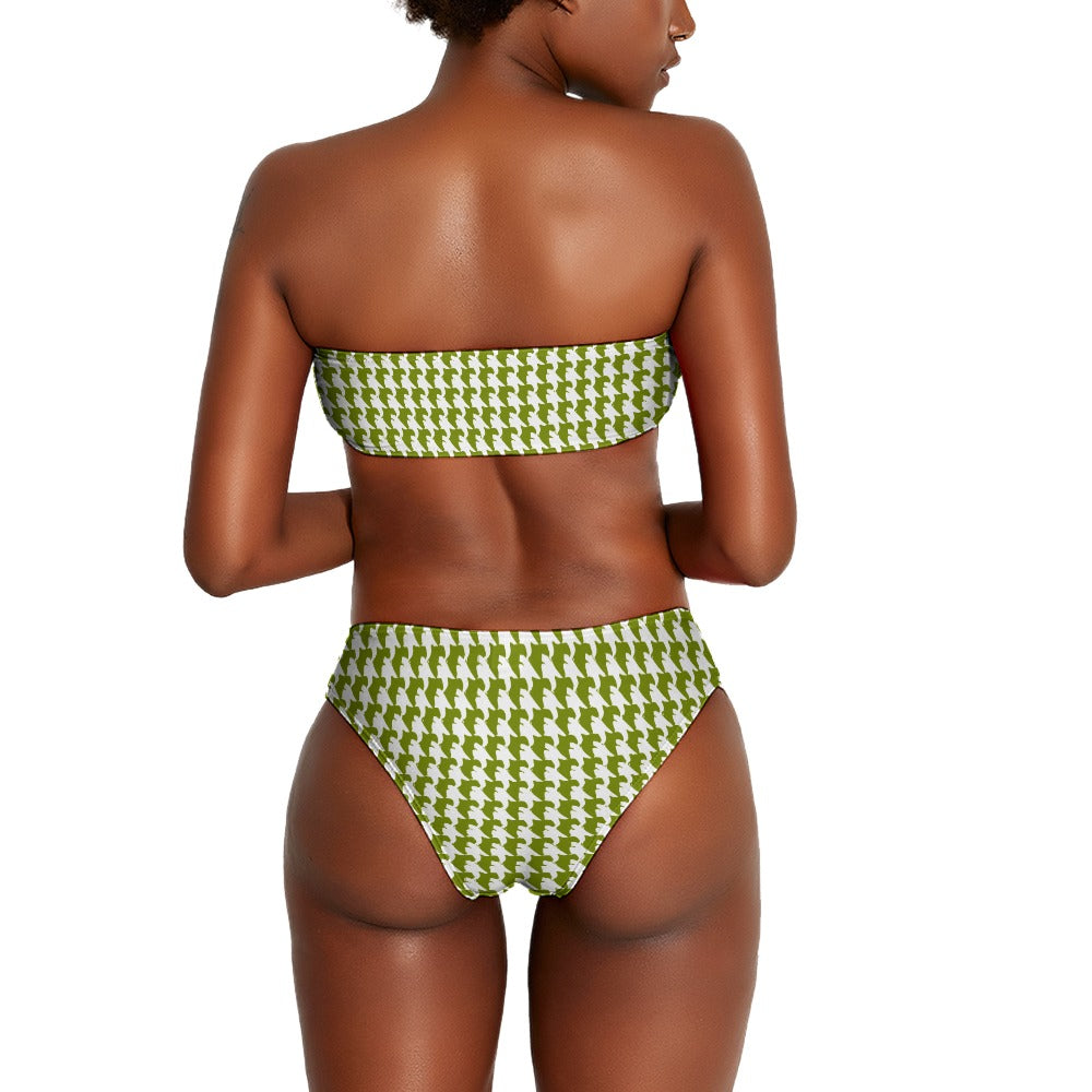 Vampire Art Two Piece Bandeau Strapless Retro Bikinis Swimsuit - Green Houndstooth