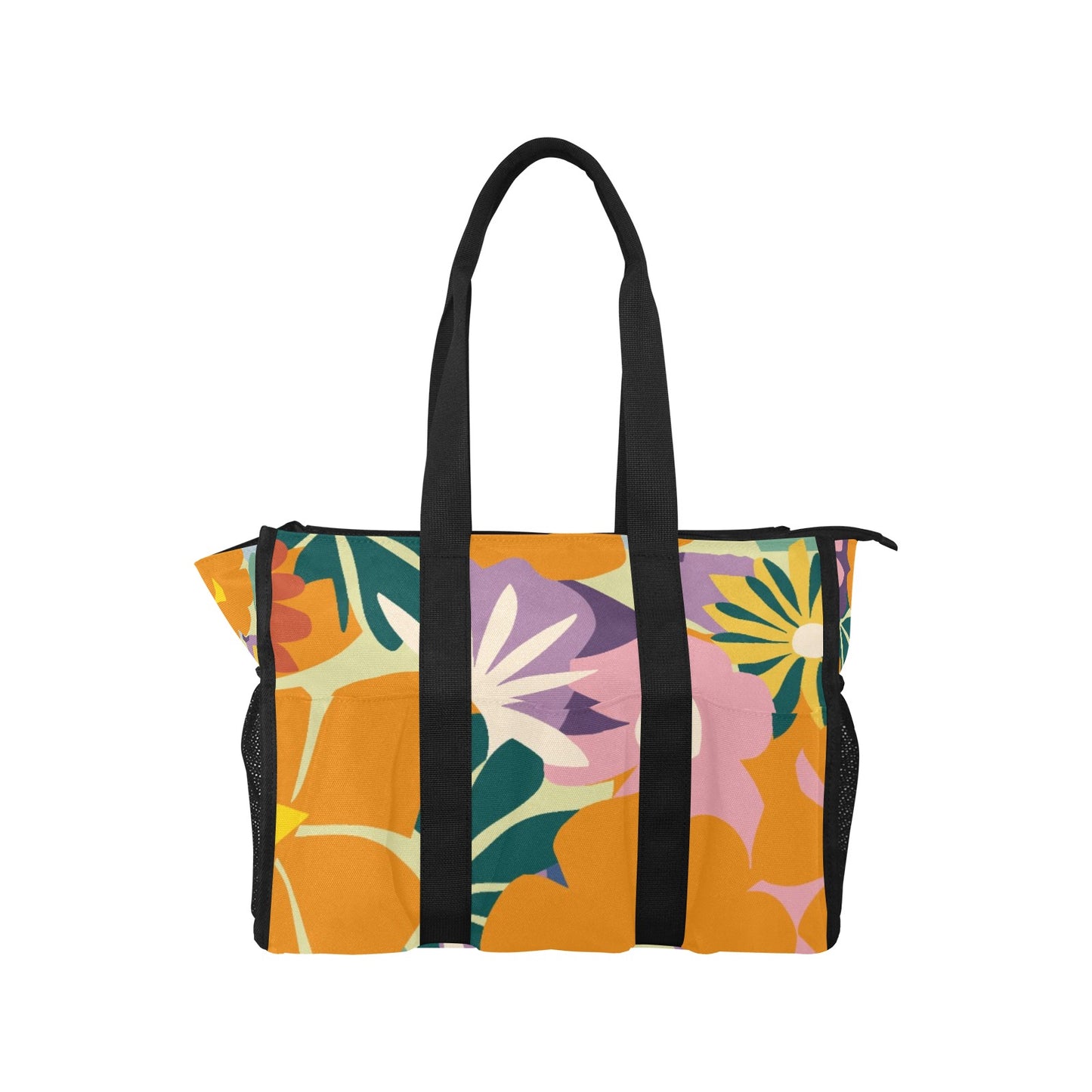 Vampire Art Retro Large Multi-pocket Beach Bag - Bold Sixties Florals in Vintage Orange