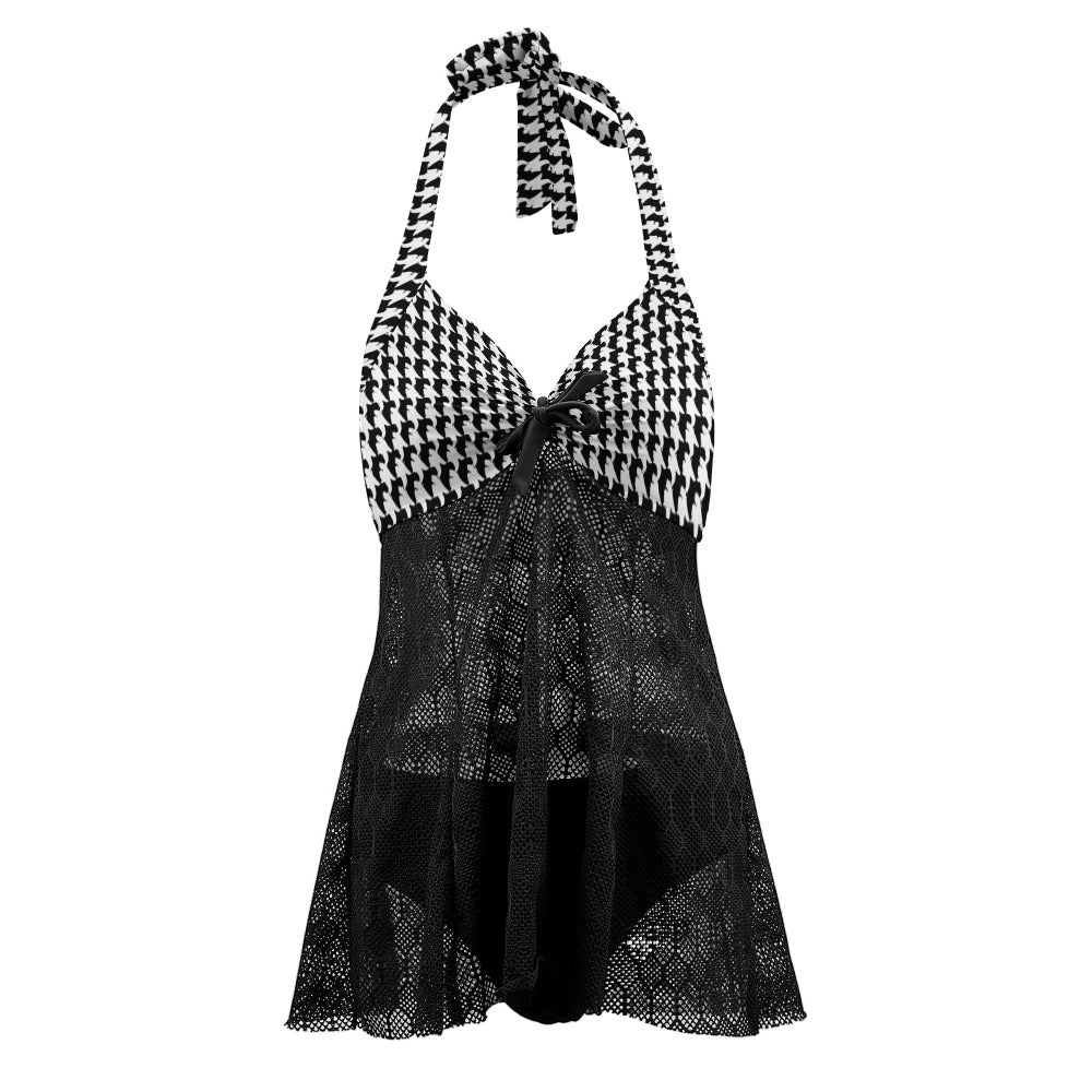 Vampire Art Goth Halter Two Piece Mesh Tankini Swimsuit - Retro Houndstooth