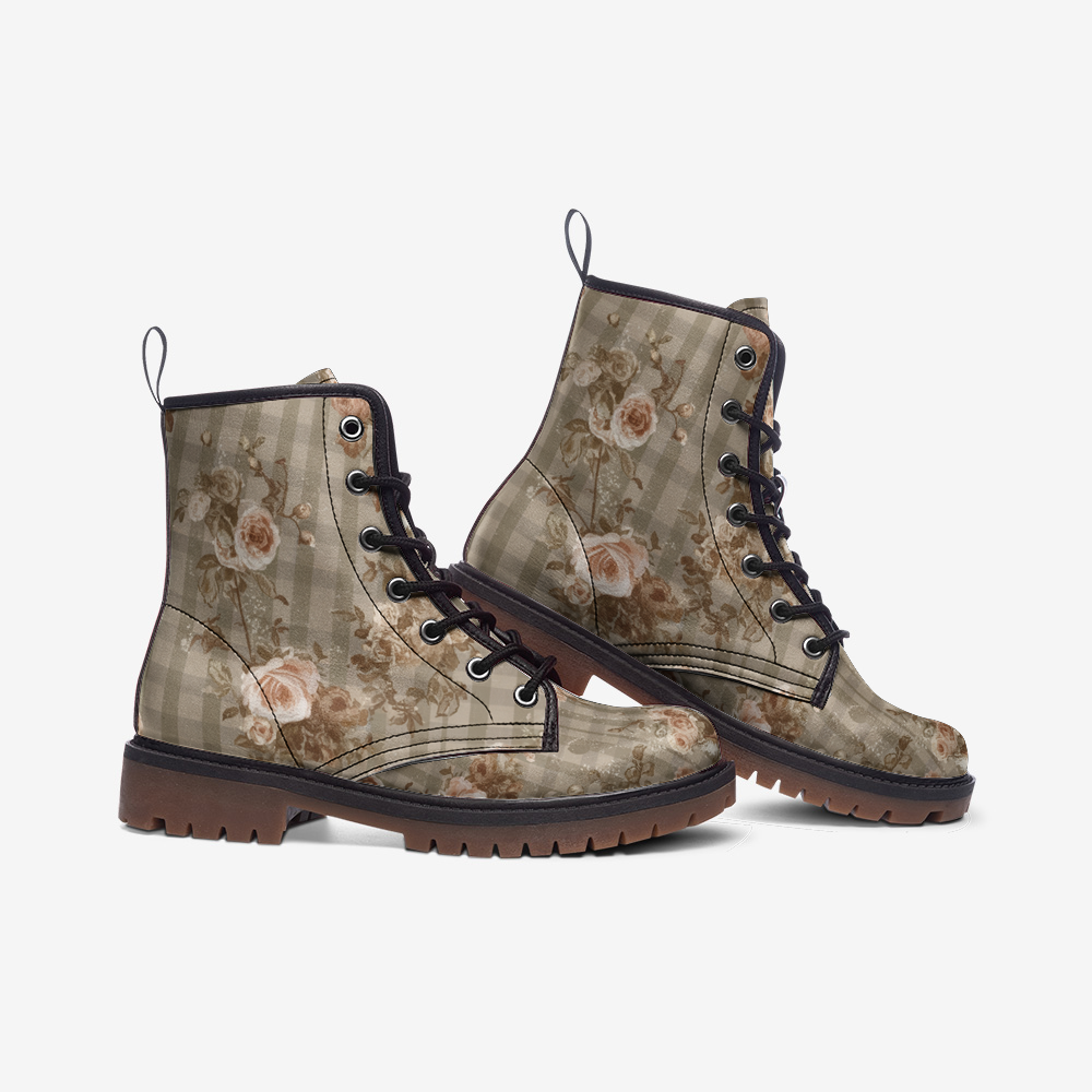 Vampire Art Cottagecore Floral Gingham Unisex Vegan Leather Combat Boots - Taupe - US sizes