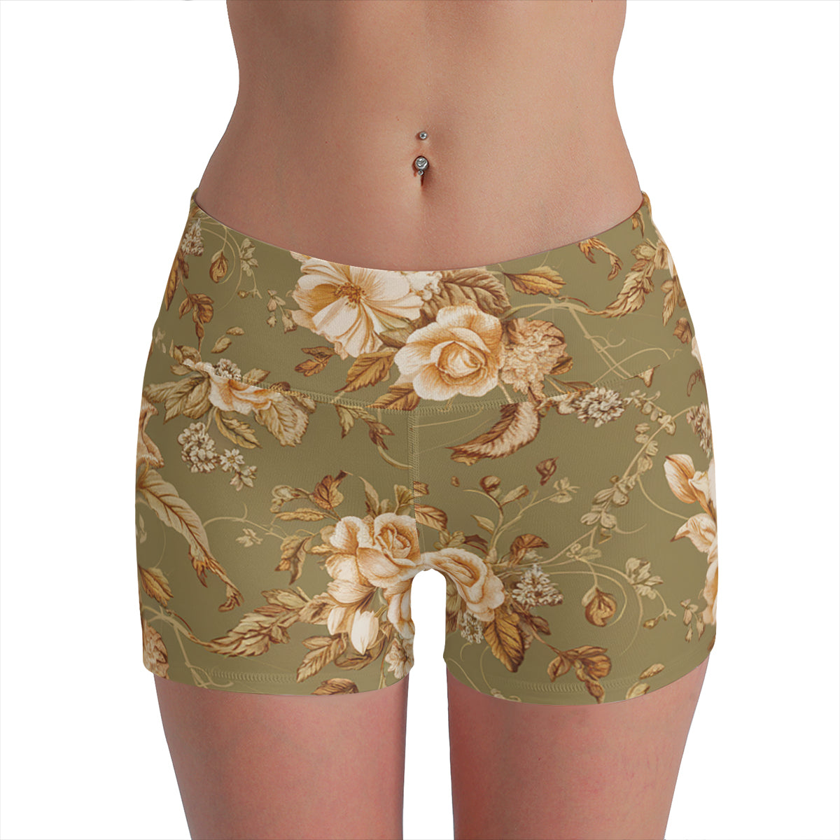 Vampire Art Retro Yoga Cycling Sports Shorts - Khaki Florals