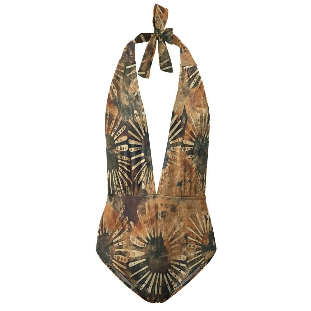 Vampire Art Hippie Tie-Dye Motif Festival Boho One Piece Halter Swimsuit - Florals in Beige