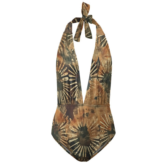 Vampire Art Hippie Tie-Dye Motif Festival Boho One Piece Halter Swimsuit - Florals in Beige