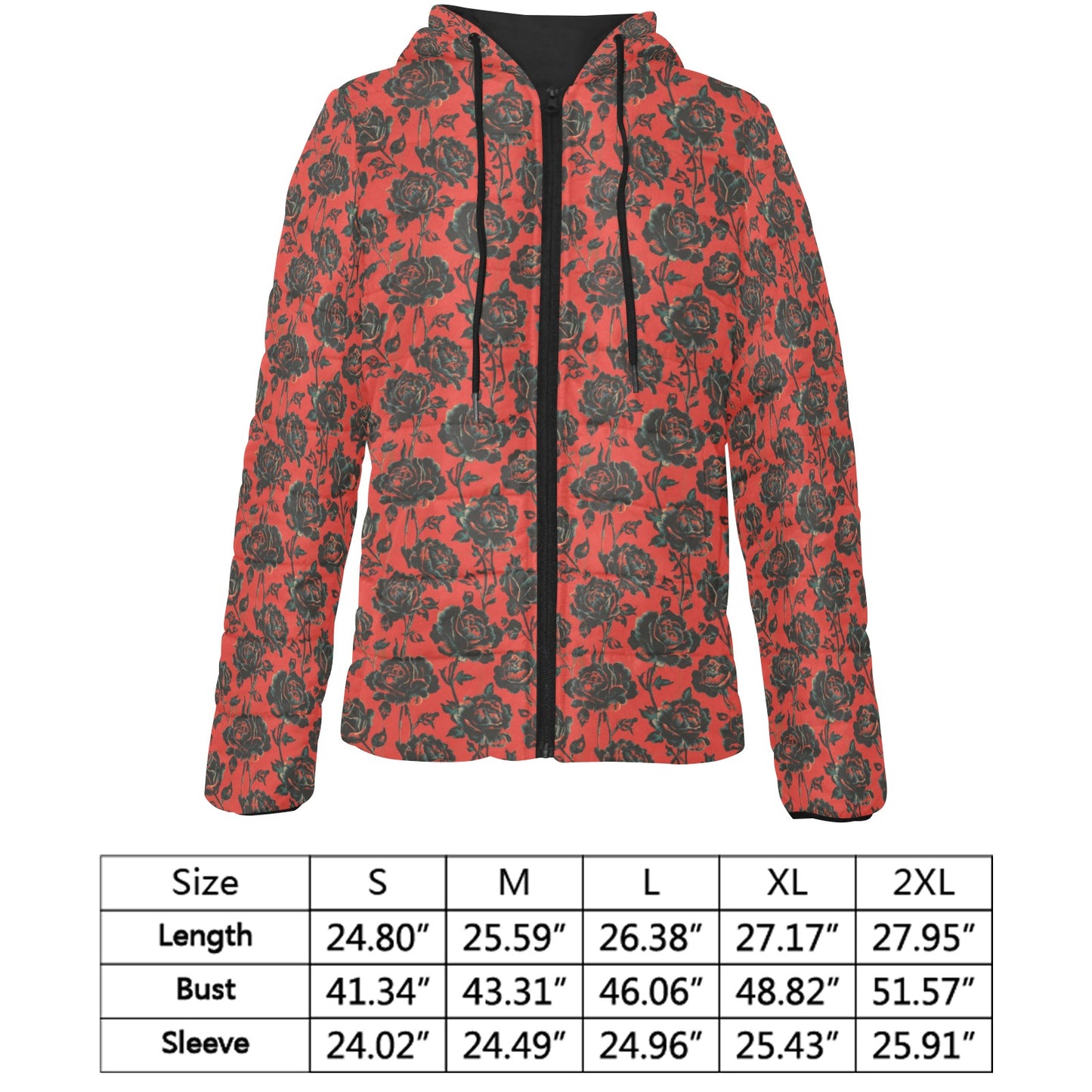 Vampire Art Urban Gothic Women's Padded Hooded Jacket - Black Roses in Red