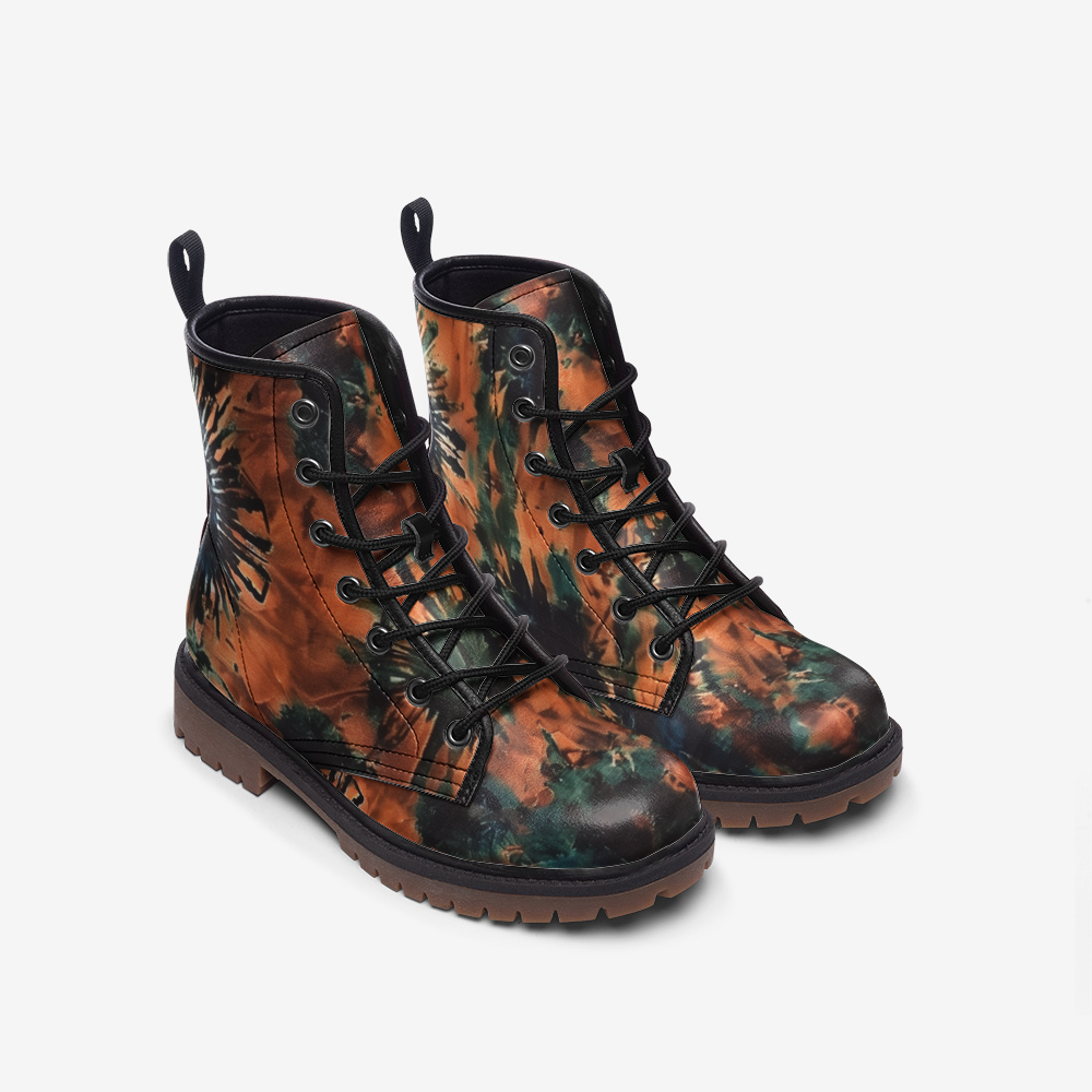 Vampire Art Tie-Dye Hippie Boho Festival Vegan Leather Unisex Combat Boots - Black Sun - US sizes