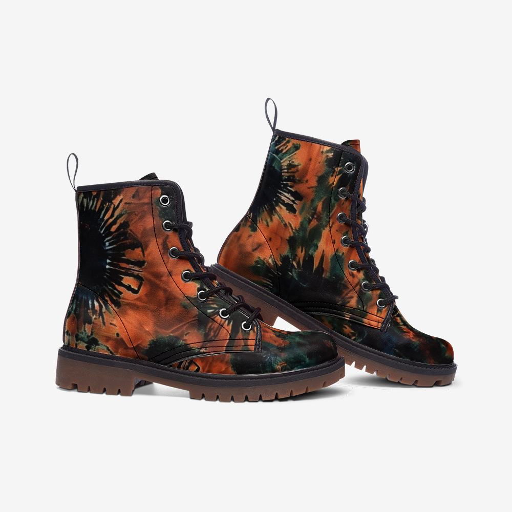 Vampire Art Tie-Dye Hippie Boho Festival Vegan Leather Unisex Combat Boots - Black Sun - US sizes