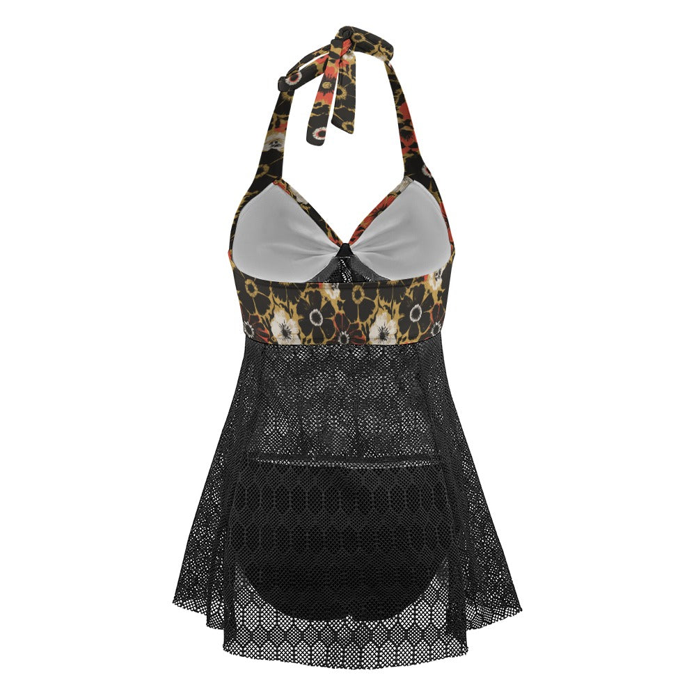 Vampire Art Goth Halter Two Piece Mesh Tankini Swimsuit - Grunge Flowers