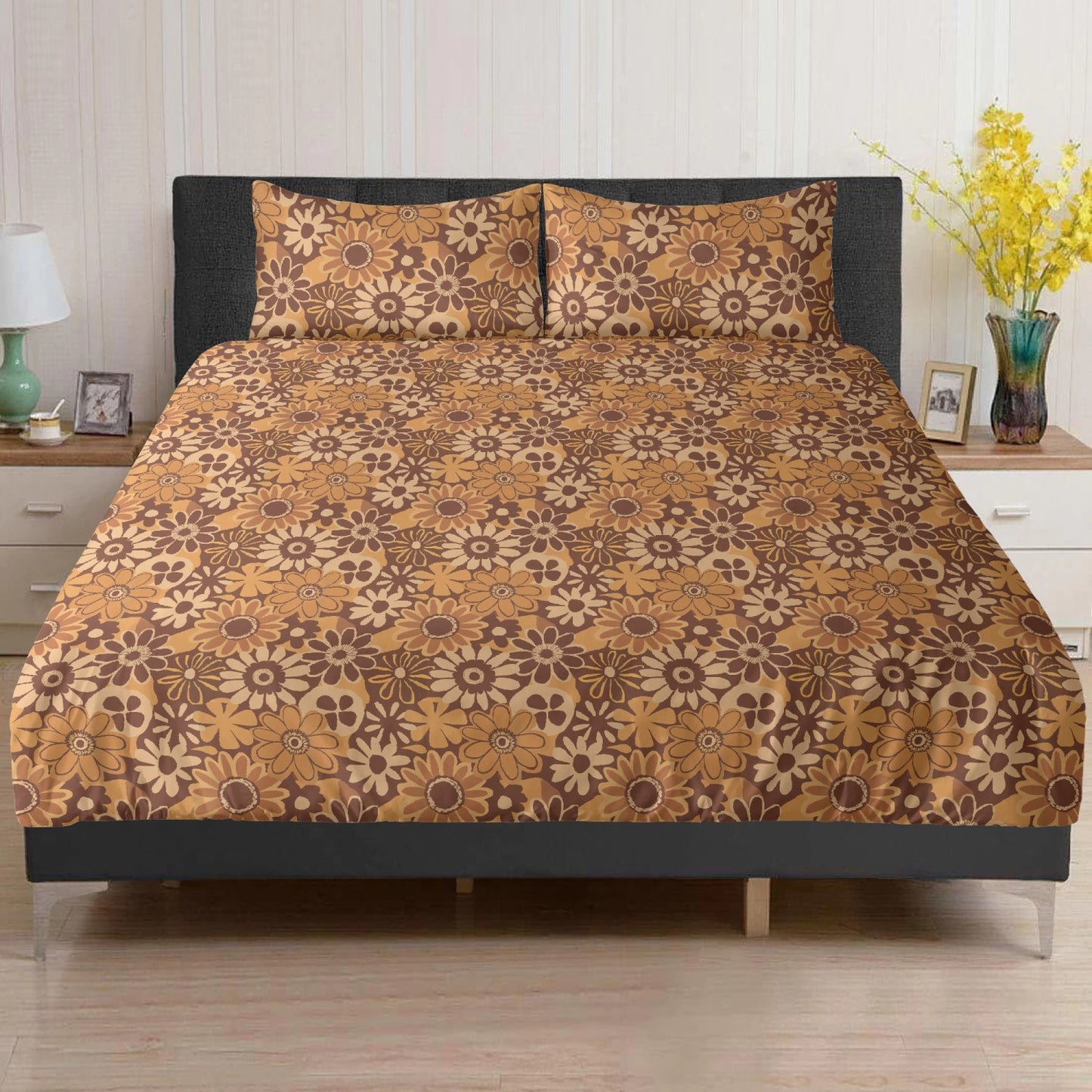 Vampire Art 3-Piece Retro Polyester Bedding Set - Brown 1970s Florals