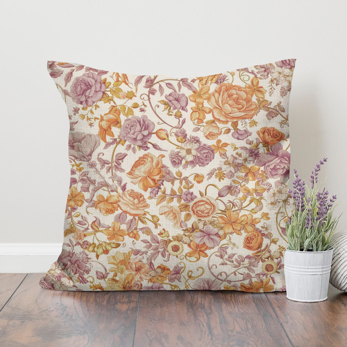 Vampire Art Retro Premium Hypoallergenic Throw Pillow - 3 sizes / optional insert - Orange and Lilac Florals