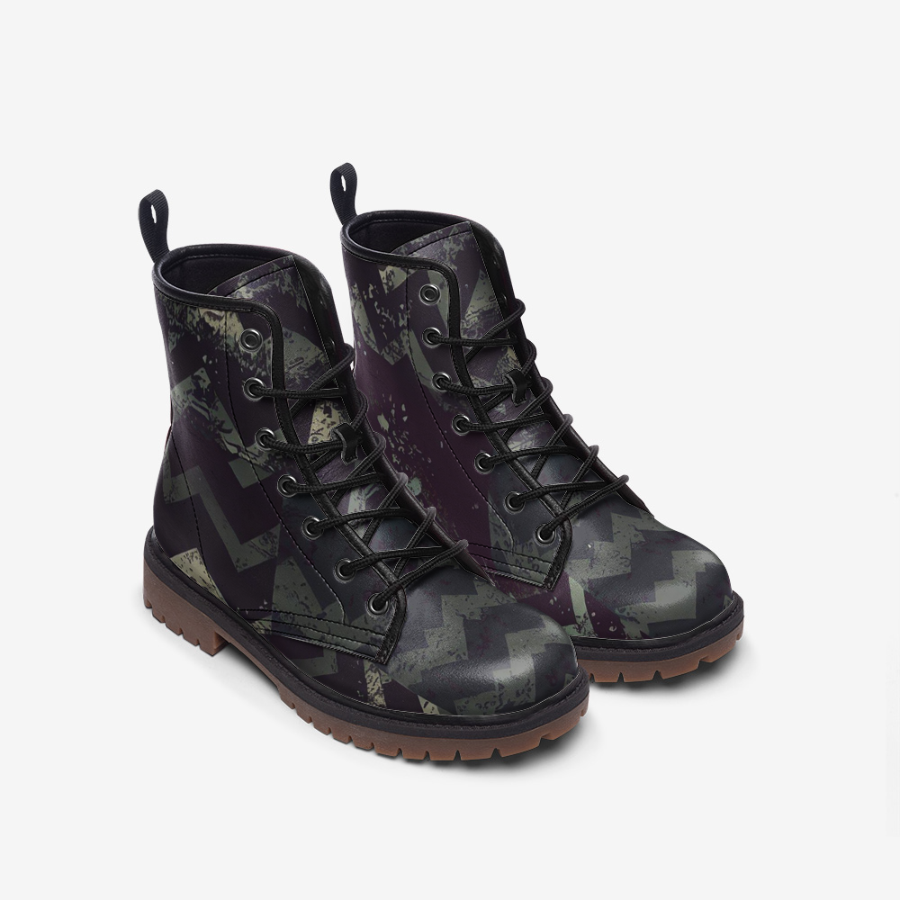 Vampire Art Grunge Patchwork Faux Leather Lightweight Combat Boots - Dark Herringbone - US sizes