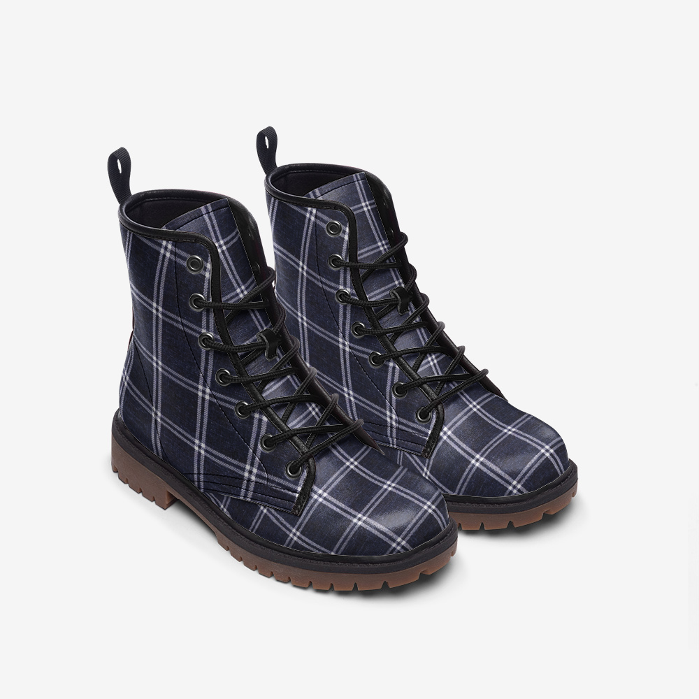 Vampire Art Dark Academia Vintage Navy Windowpane Casual Faux Leather Lightweight Boots - US sizes