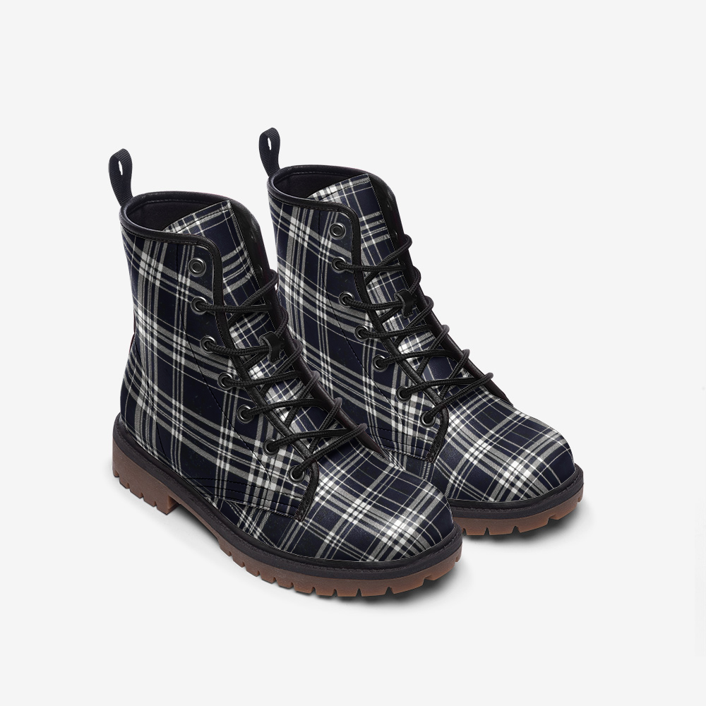 Vampire Art Dark Academia Grunge Victorian Navy Tartan Plaid Vegan Leather Unisex Combat Boots