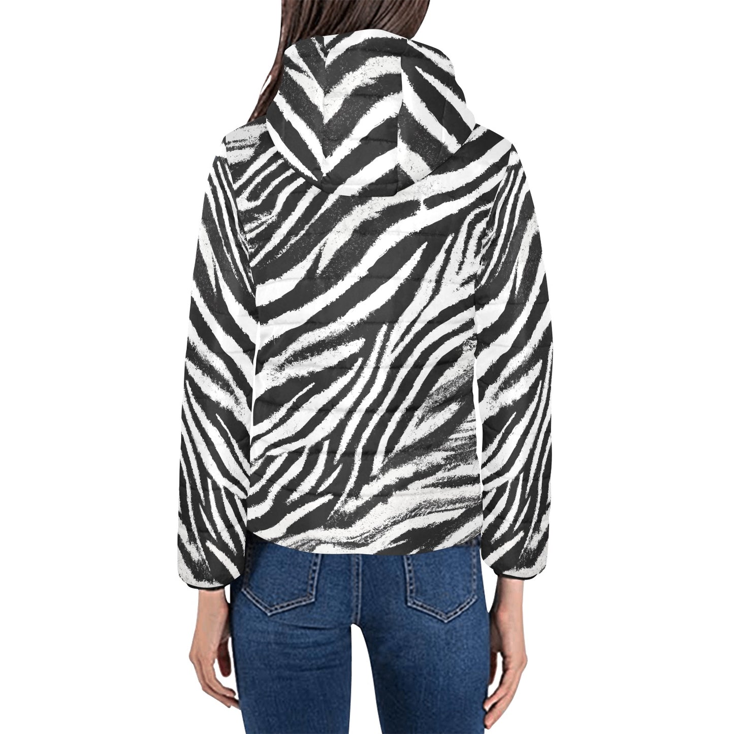 Vampire Art Grunge Animal Patterned Women's Padded Hooded Jacket - Grunge Black and White Zebra