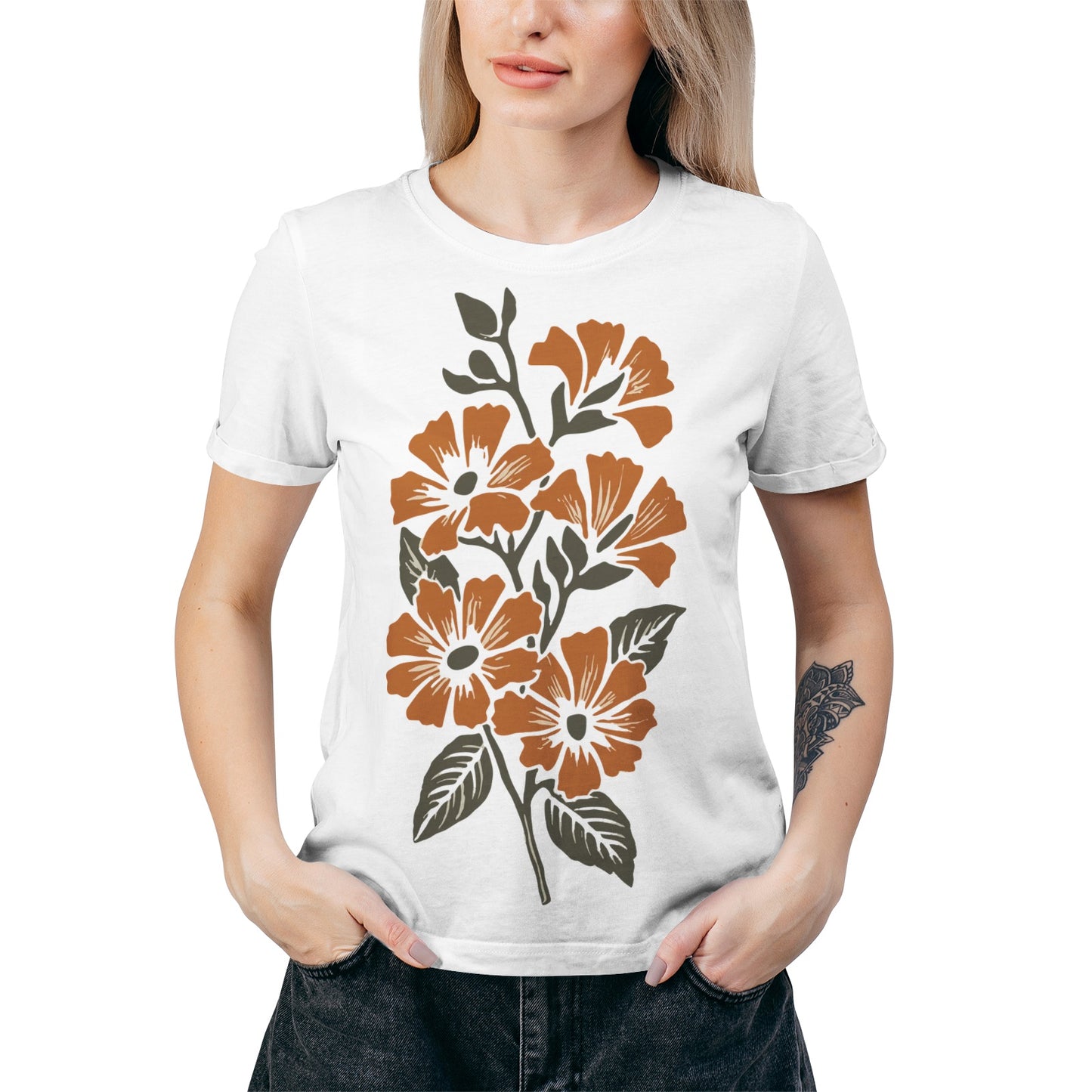 Vampire Art Retro Sixties Surf Orange Flowers Women's Pima Cotton Jersey Short Sleeve Tshirt