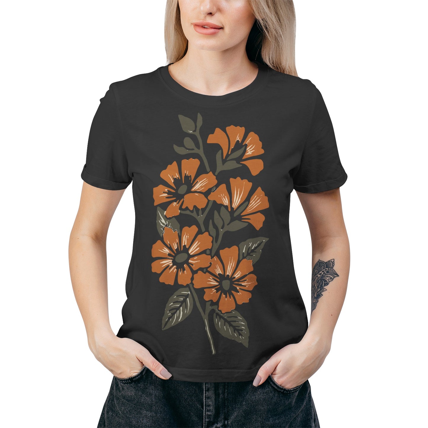 Vampire Art Retro Sixties Surf Orange Flowers Women's Pima Cotton Jersey Short Sleeve Tshirt