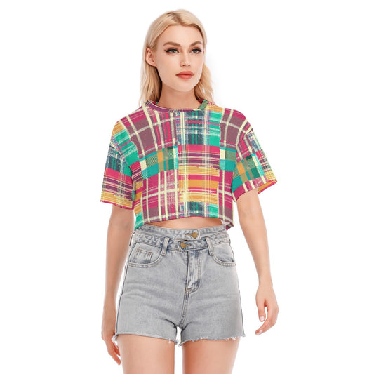 Vampire Art Grunge Patchwork Women's Cropped T-shirt 100% Cotton - Colourful Tartan