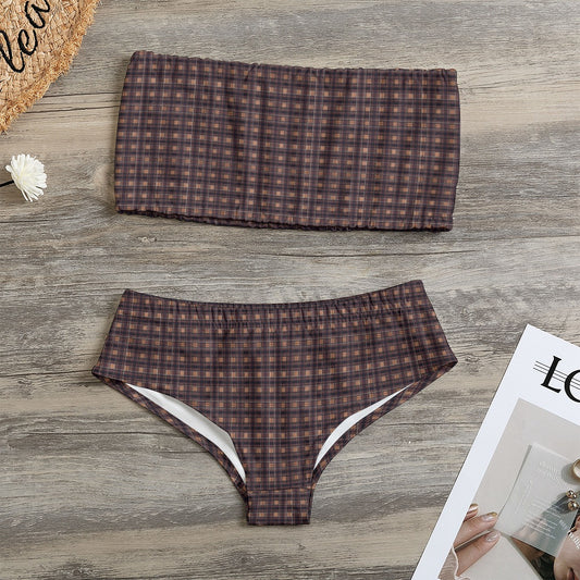 Vampire Art Dark Academia Brown Chequered Vintage Tartan Women's Strapless Bikini Swimsuit