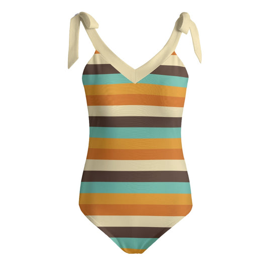 Vampire Art Retro Women's Tie Shoulder One-piece Padded Swimsuit - Seventies Stripes with Orange