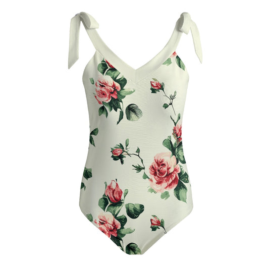 Vampire Art Romantic Retro Flowers Women's Tie Shoulder One-piece Padded Swimsuit - Retro Roses in Cream