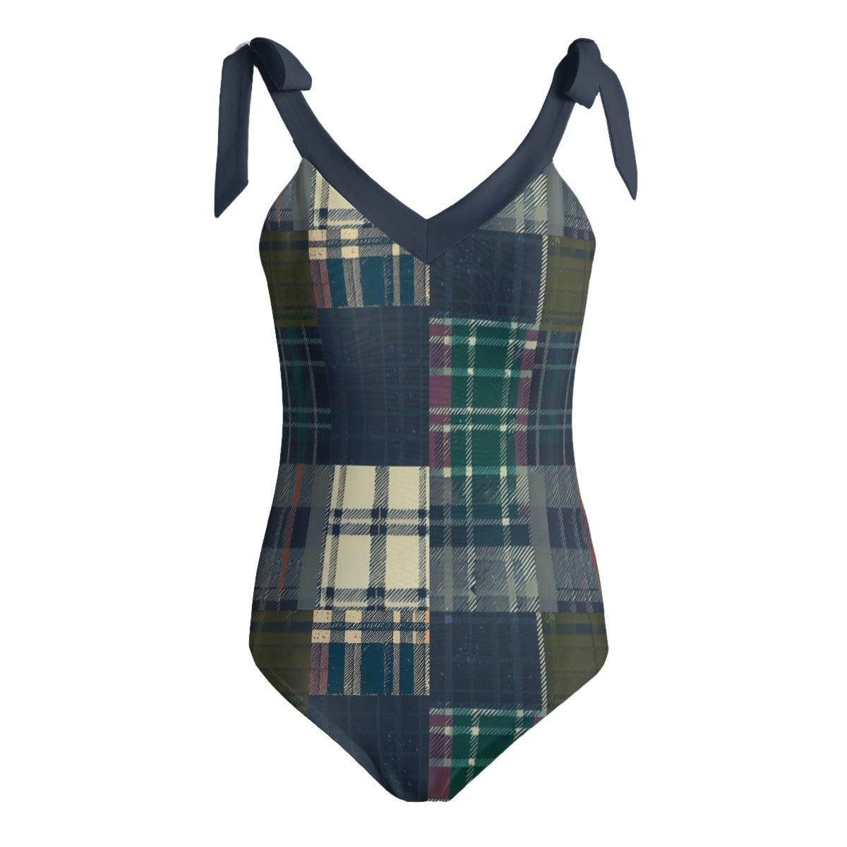 Vampire Art Grunge Patchwork Women's Tie Shoulder One-piece Padded Swimsuit - Tartan