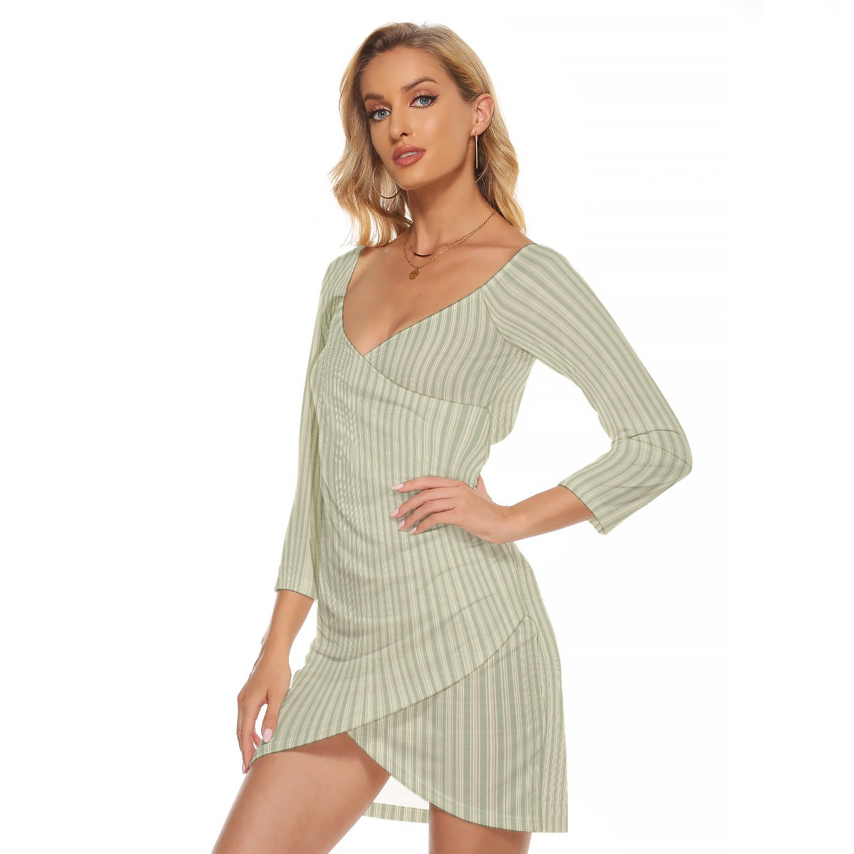 Vampire Art Vintage Grandad Stripes in Khaki Women's Off-shoulder Long Sleeve Dress