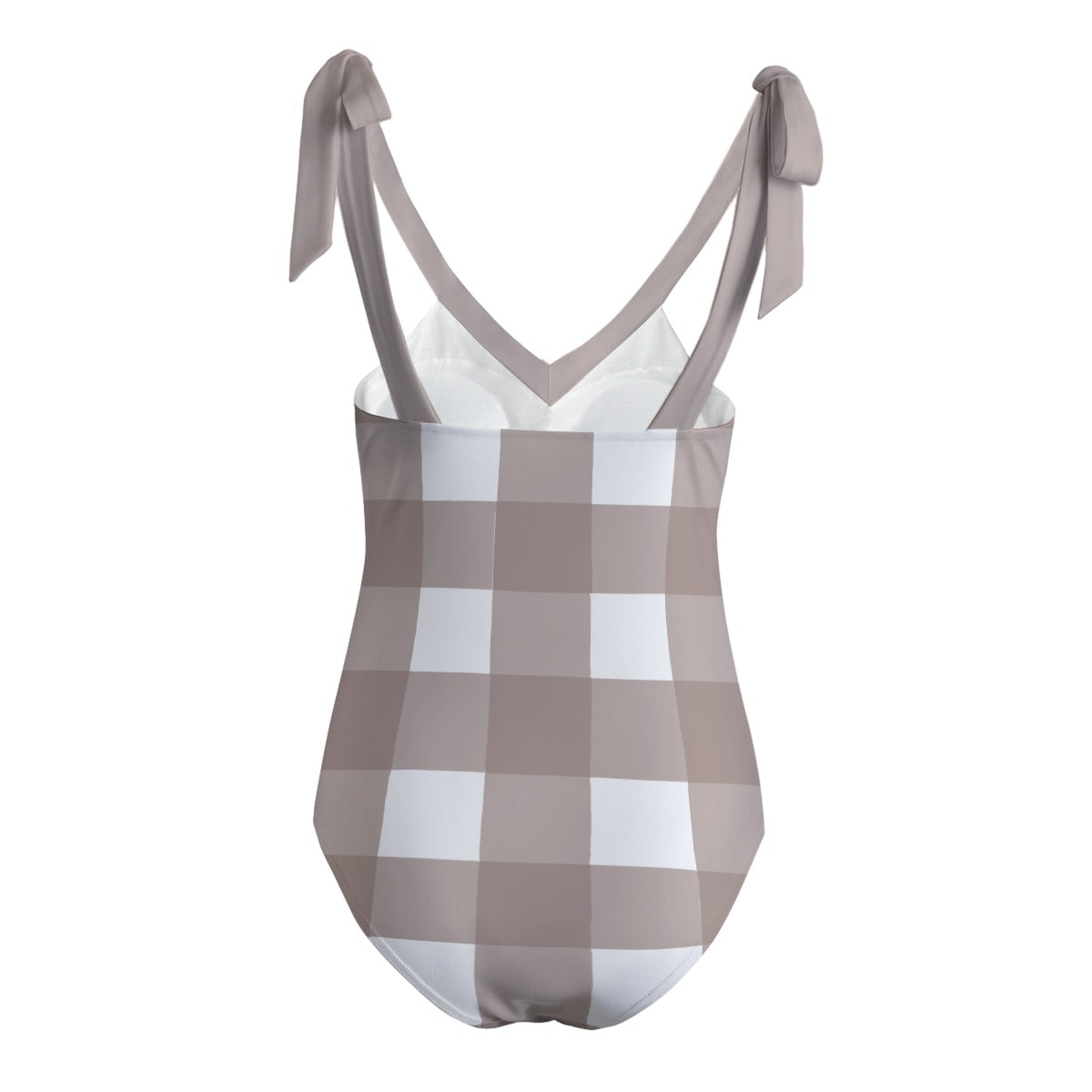 Vampire Art Retro Women's Tie Shoulder One-piece Padded Swimsuit - Beige Gingham