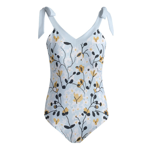 Vampire Art Retro Women's Tie Shoulder One-piece Padded Swimsuit - Art Nouveau Little White Flowers