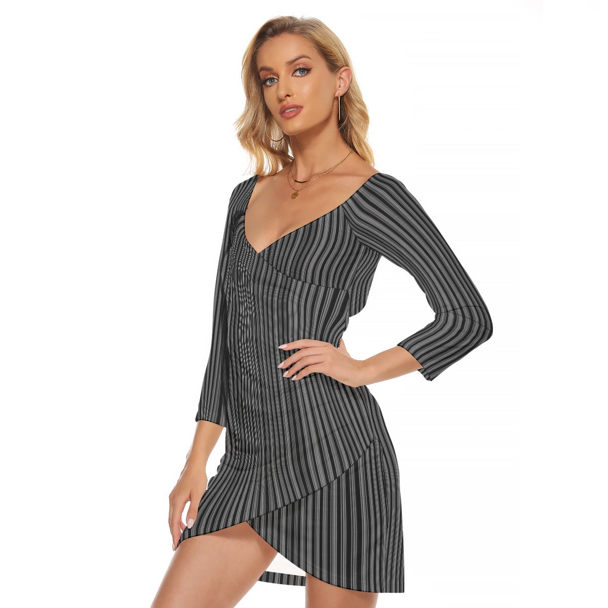 Vampire Art Vintage Grandad Stripes in Black Women's Off-shoulder Long Sleeve Dress