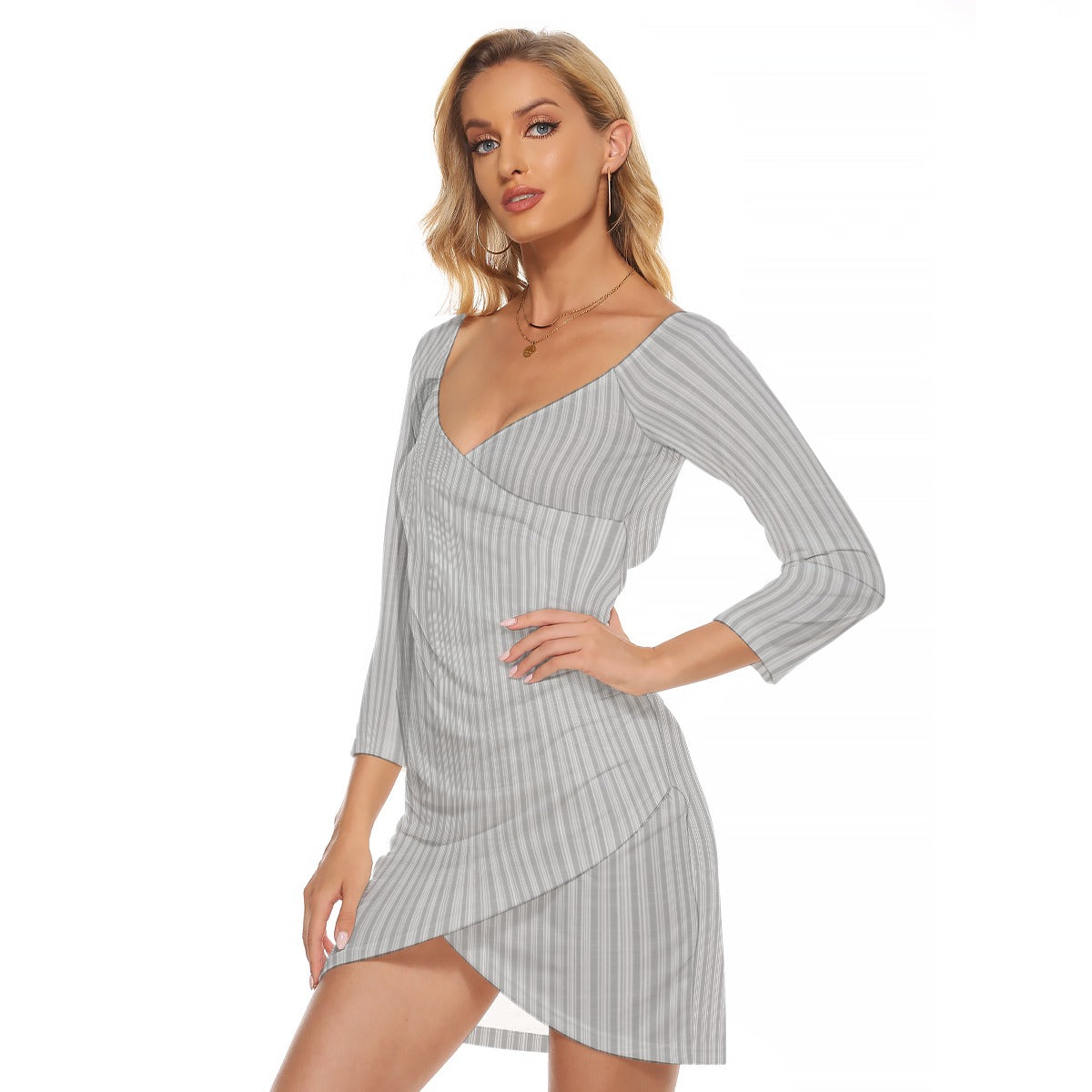 Vampire Art Vintage Grandad Stripes in Grey Women's Off-shoulder Long Sleeve Dress