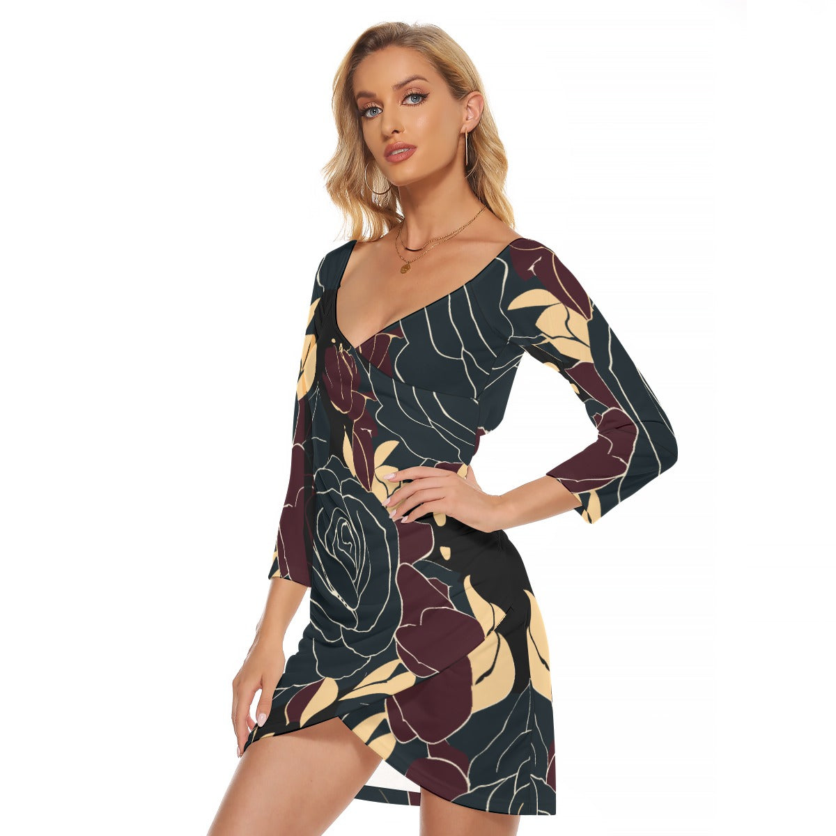 Vampire Art Retro Black and Gold Roses Women's Off-shoulder Long Sleeve Dress