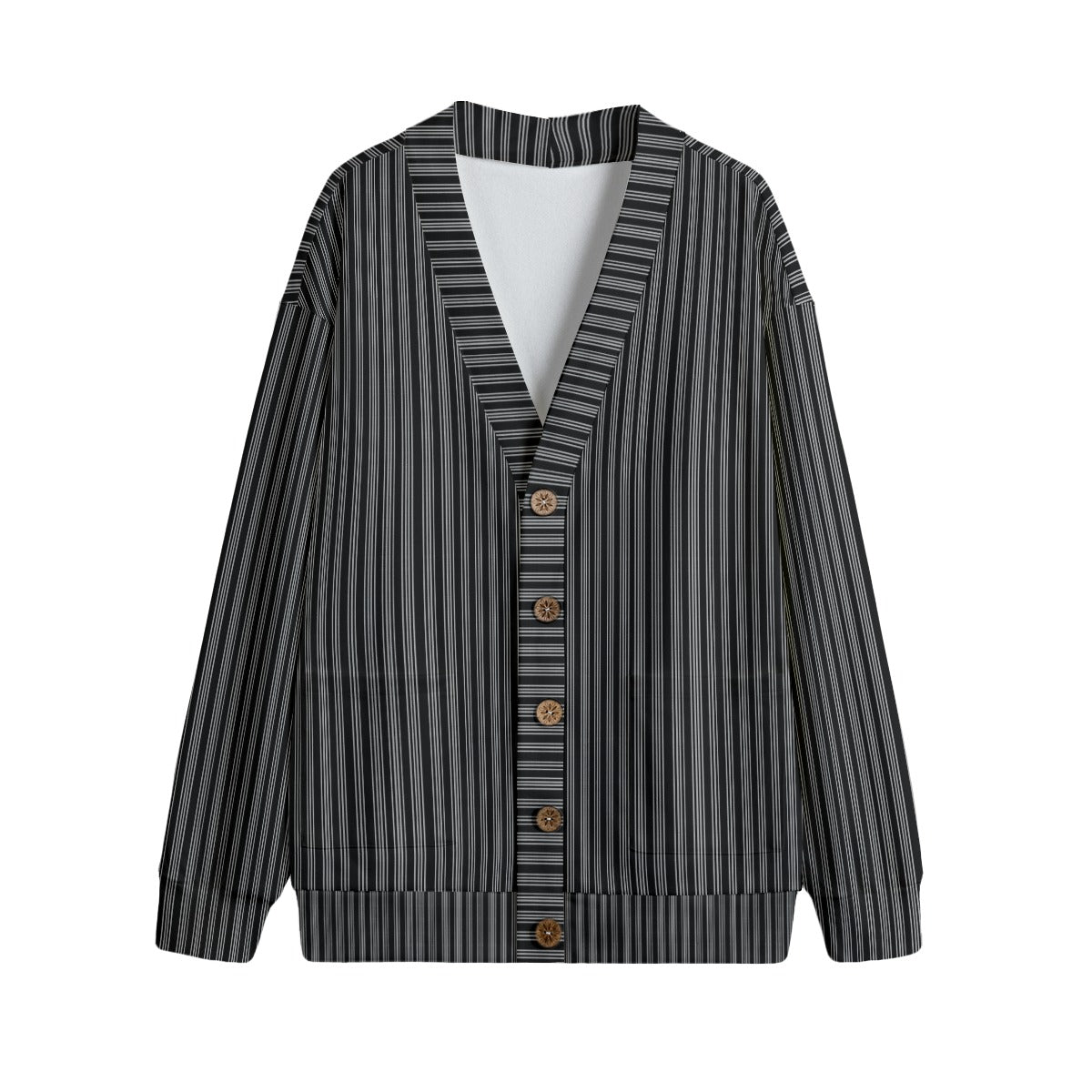 Vampire Art Vintage Grandad Stripes in Black Unisex V-neck Knitted Fleece Cardigan With Buttons