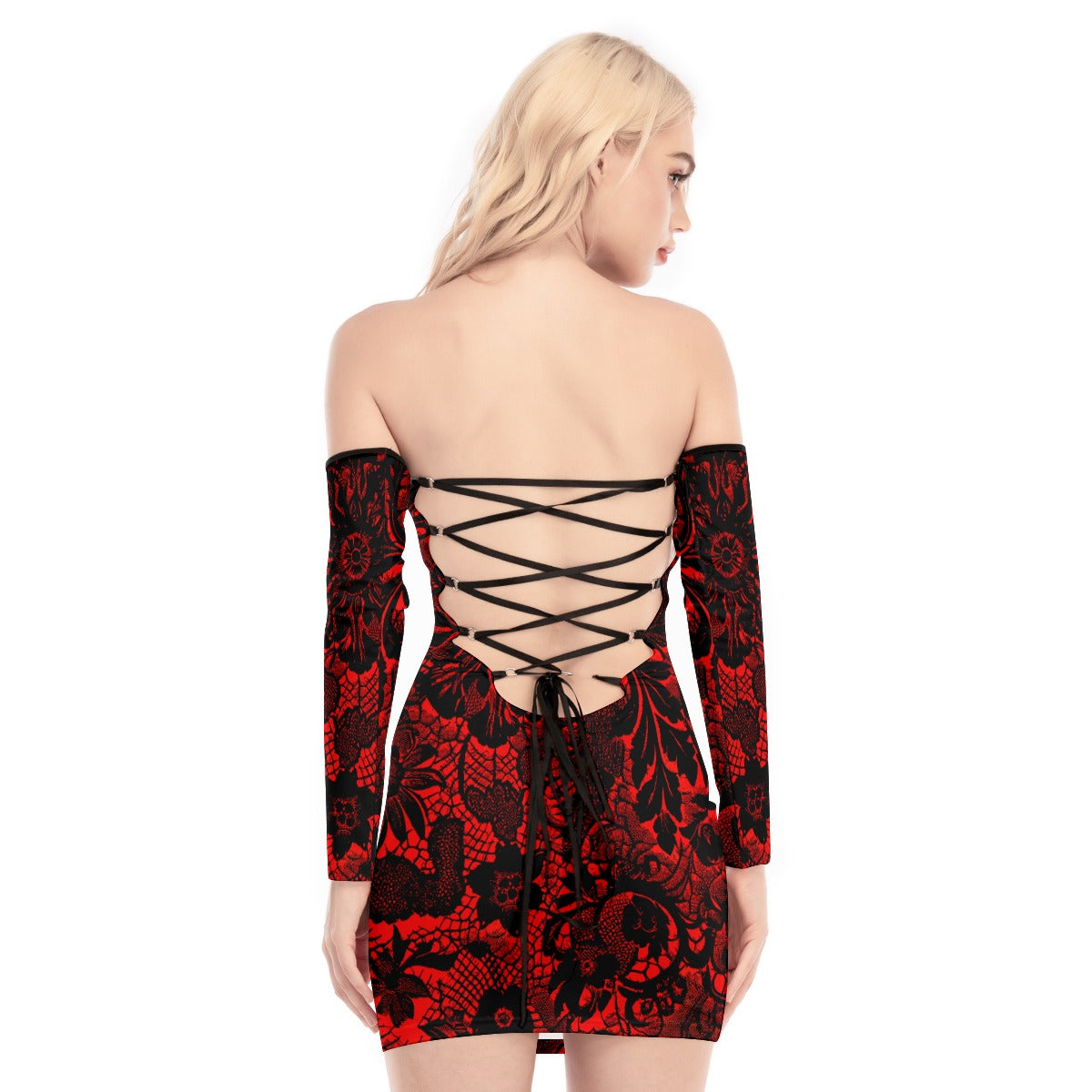 Vampire Art Victorian Red & Black Lace Women's Off-shoulder Back Lace-up Dress