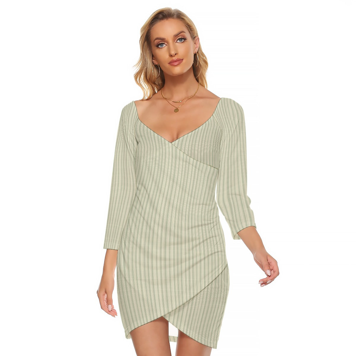 Vampire Art Vintage Grandad Stripes in Khaki Women's Off-shoulder Long Sleeve Dress